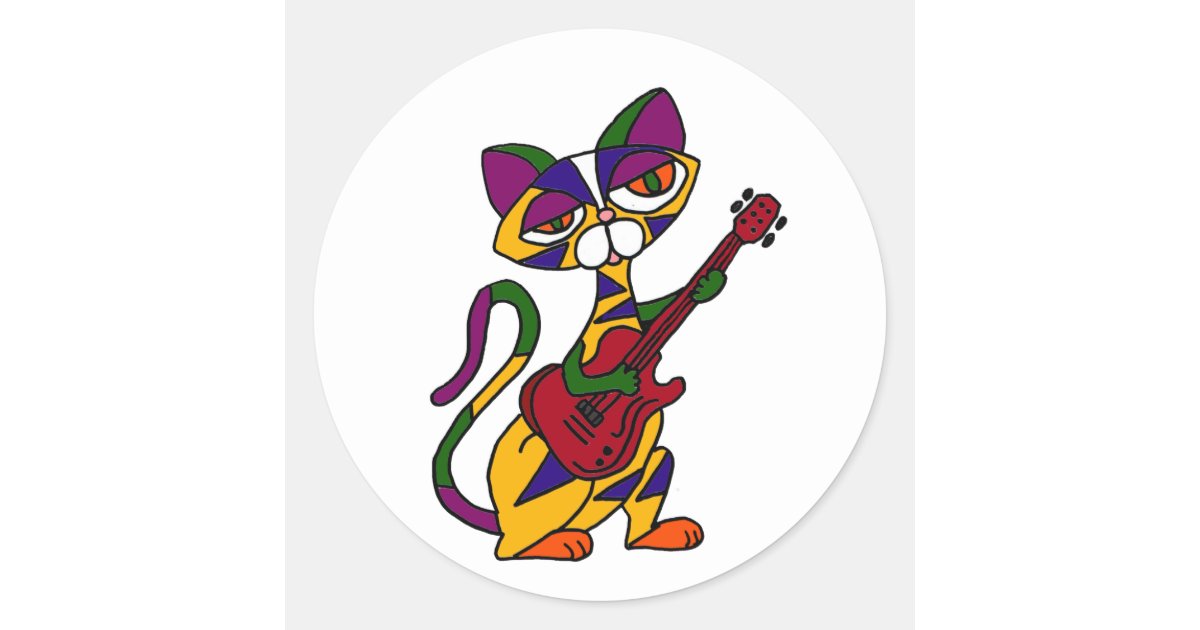 Ba Cool Cat Playing Guitar Cartoon Classic Round Sticker Zazzle