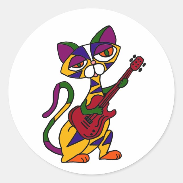 BA- Cool Cat Playing Guitar Cartoon Classic Round Sticker (Front)