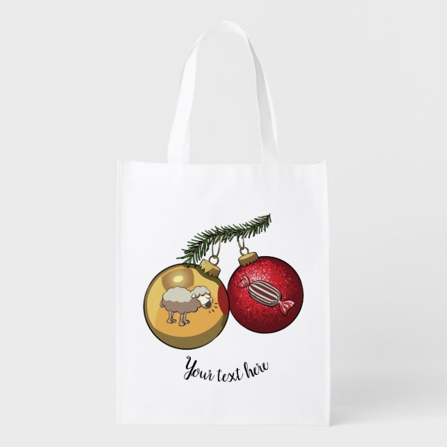 Baa Humbug Baubles Christmas Sheep & Candy Cartoon Grocery Bag (Front)