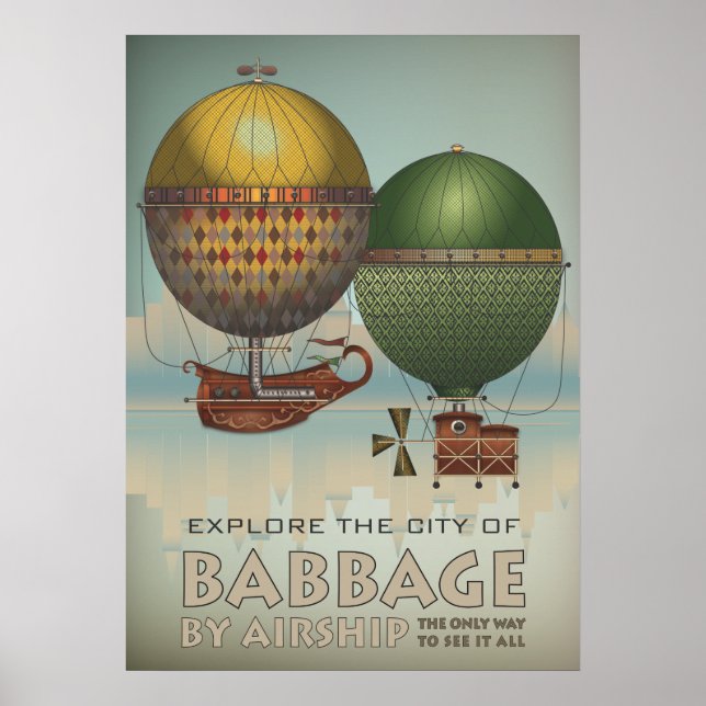 Babbage by Airship Steampunk Vintage Travel Poster (Front)