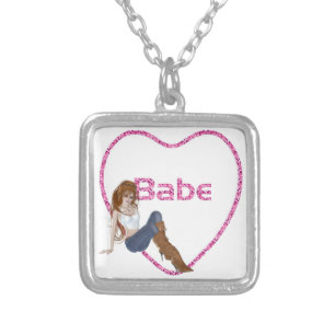 Babe Glitter Heart Candy Redhead Girl Design Silver Plated Necklace