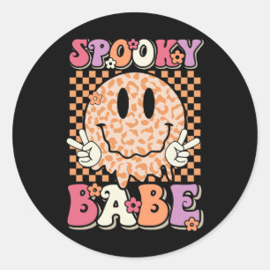 Babe Groovy Halloween Leopard Smile Face Checkered Classic Round Sticker