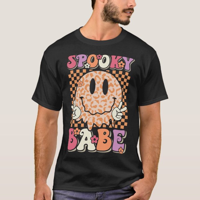 Babe Groovy Halloween Leopard Smile Face Checkered T-Shirt (Front)