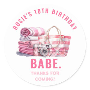 BABE Pink Pool Party Girl Birthday Thank You Classic Round Sticker