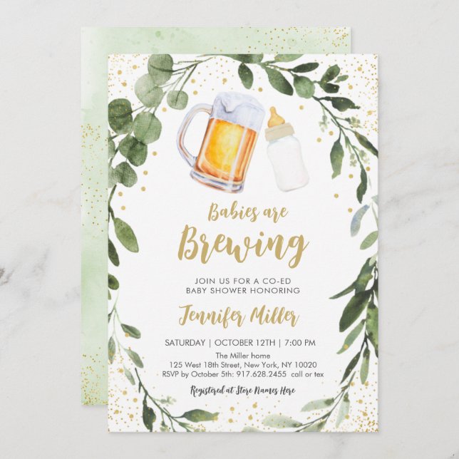 Babies Are Brewing Greenery Twin Baby Shower Invitation (Front/Back)