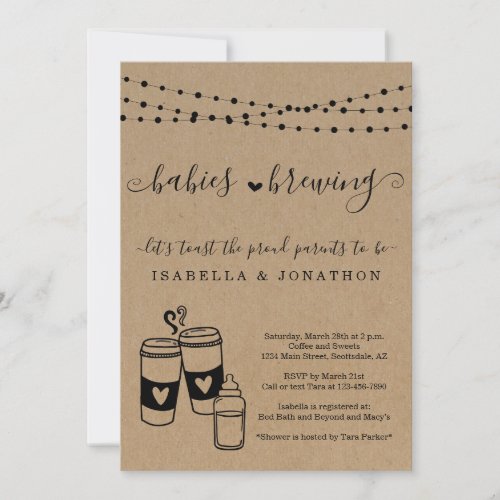 Babies Brewing Couple's Gender Neutral Baby Shower Invitation - Hand-drawn coffee or tea cups and baby bottle toast artwork on a wonderfully rustic kraft background.

Coordinating RSVP, Details, Registry, Thank You cards and other items are available in the 'Rustic Coffee & Tea on Kraft Background' Collection within my store.