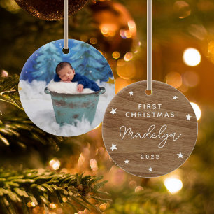 babies first christmas ornament Faux Wood Photo