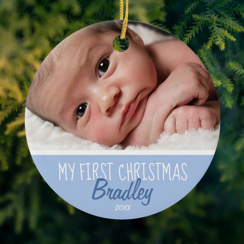 Babies First Christmas Photo Blue Ceramic Ornament