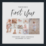 Babies first year photo collage script black white faux canvas print<br><div class="desc">Babies first year photo collage script monochrome black and white modern contemporary first birthday or Christmas home decor gift.</div>