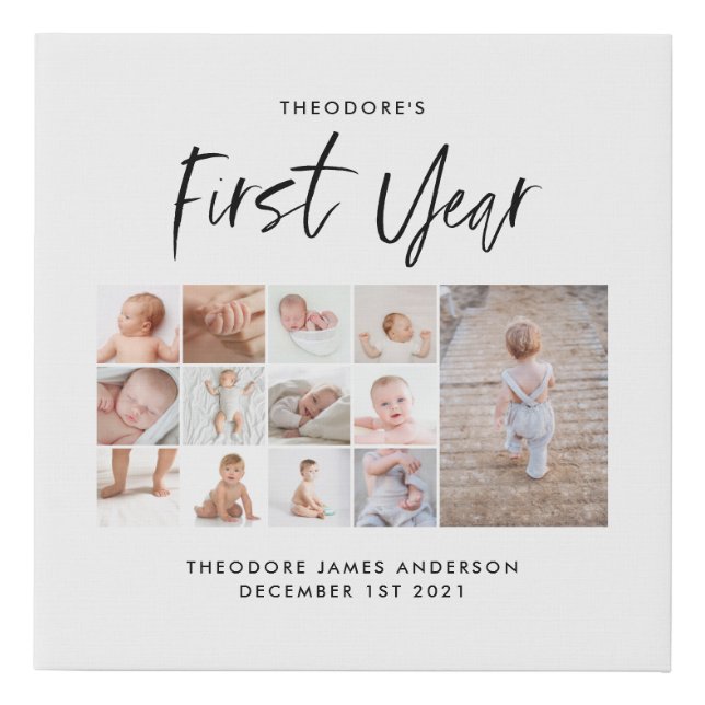 Babies first year photo collage script black white faux canvas print (Front)