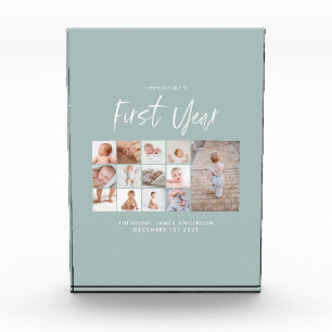 Babies first year photo collage script blue block