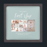 Babies first year photo collage script blue gift box<br><div class="desc">Babies first year photo collage script blue modern contemporary first birthday or Christmas home decor gift.</div>