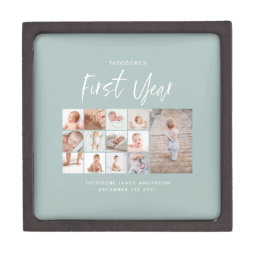 Babies first year photo collage script blue gift box