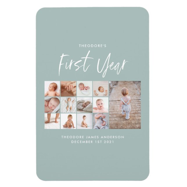 Babies first year photo collage script blue magnet (Vertical)