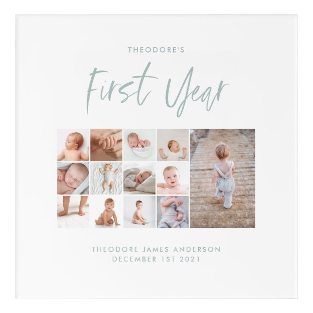 Babies first year photo collage script blue modern acrylic print (Front)