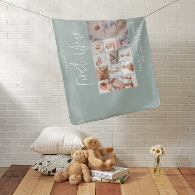 Babies first year photo collage script blue modern baby blanket (In Situ)