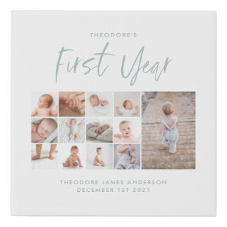Babies first year photo collage script blue modern faux canvas print