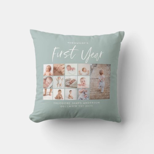 Babies first year photo collage script blue throw pillow