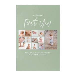 Babies first year photo collage script green acrylic print