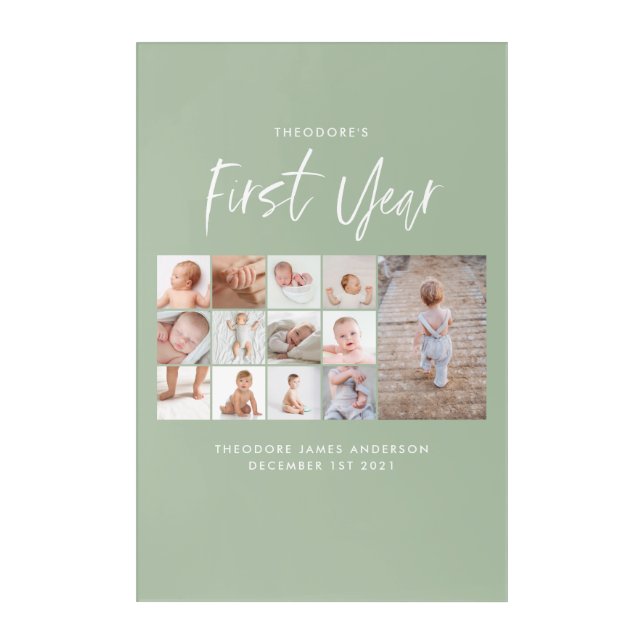Babies first year photo collage script green  acrylic print (Front)