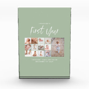 Babies first year photo collage script green block