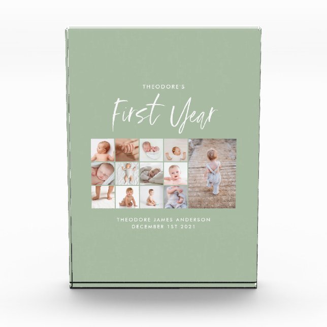 Babies first year photo collage script green  block (Front)