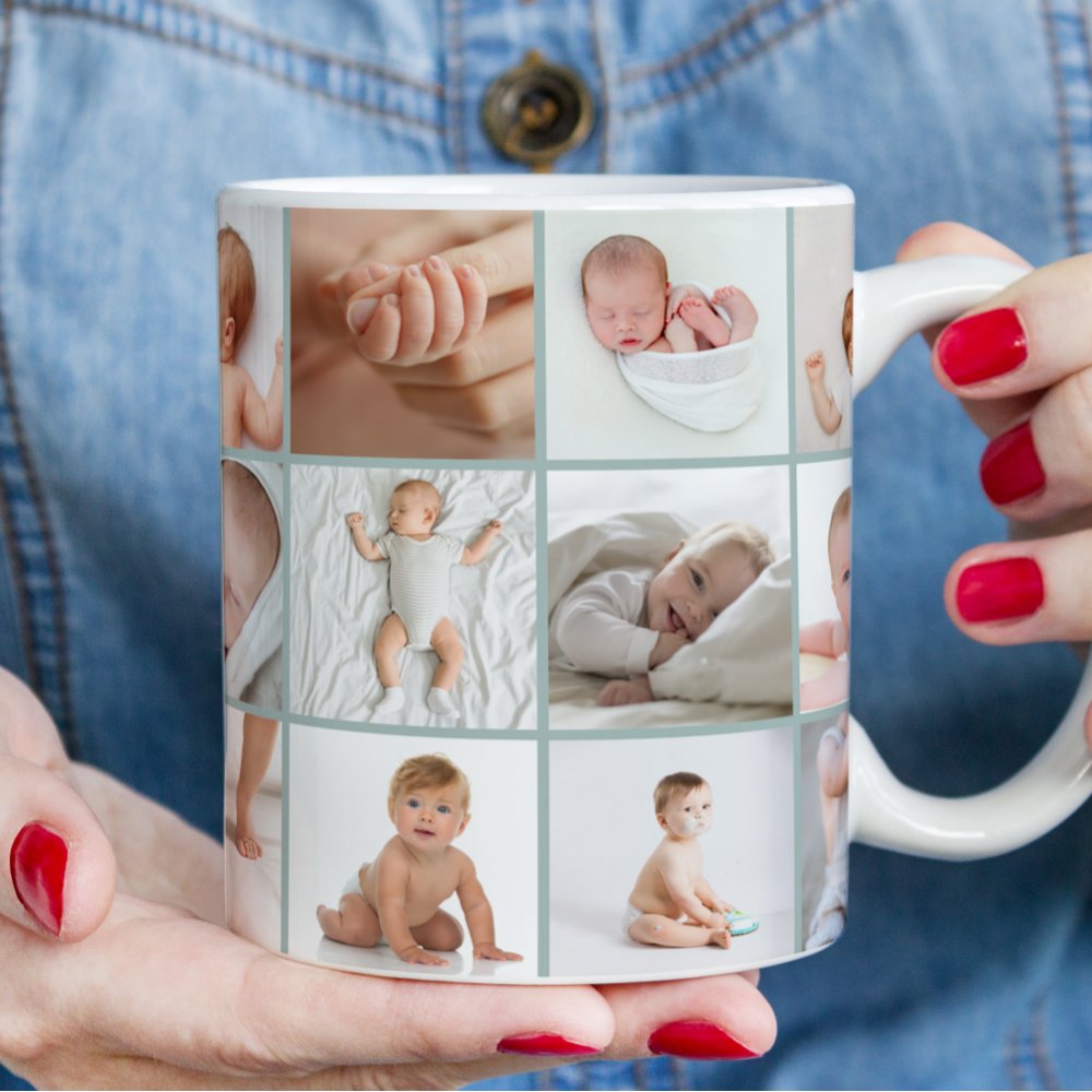 Discover Babies First Year Photo Collage Script Green Family Gift Coffee Mug