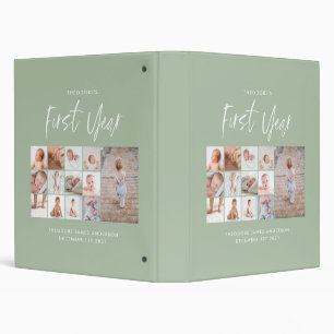 Babies first year photo collage script green faux 3 ring binder