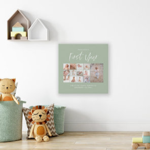 Babies first year photo collage script green faux canvas print