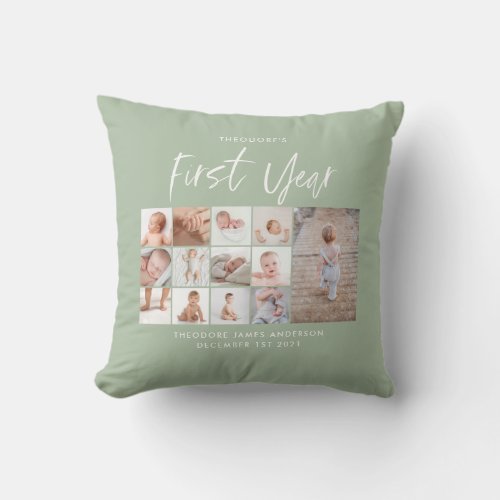 Babies first year photo collage script green faux  throw pillow