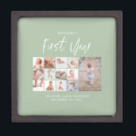 Babies first year photo collage script green  gift box<br><div class="desc">Babies first year photo collage script green modern contemporary first birthday or Christmas home decor gift.</div>