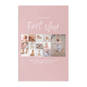 Babies first year photo collage script pink acrylic print