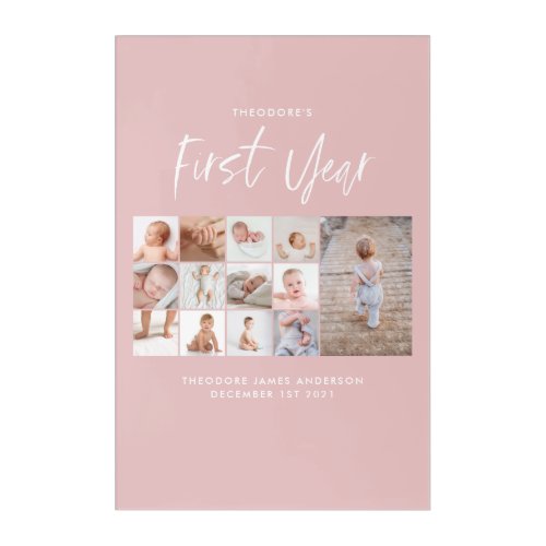 Babies first year photo collage script pink acrylic print