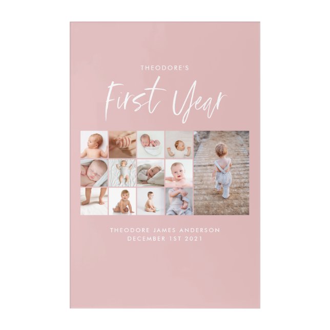 Babies first year photo collage script pink acrylic print (Front)