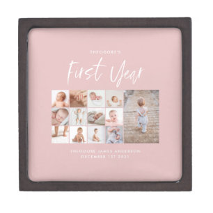 Babies first year photo collage script pink gift box