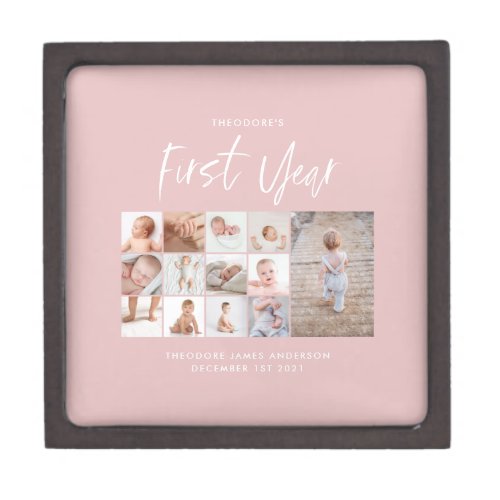 Babies first year photo collage script pink gift box