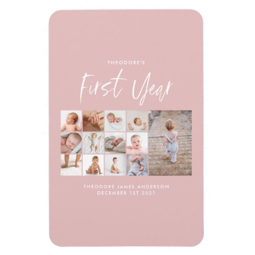 Babies first year photo collage script pink magnet