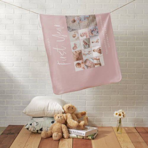 Babies first year photo collage script pink modern baby blanket