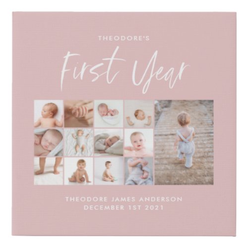 Babies first year photo collage script pink modern faux canvas print