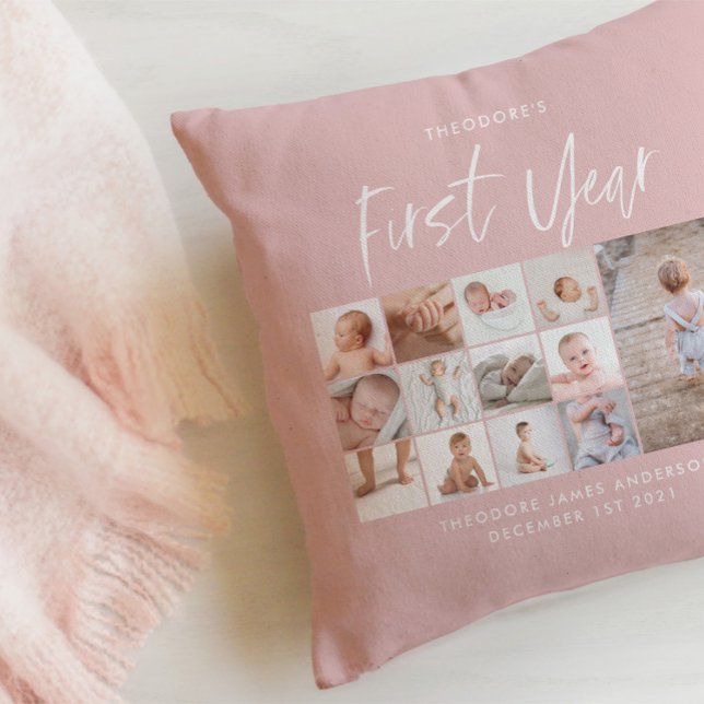 Babies first year photo collage script pink throw pillow (Creator Uploaded)