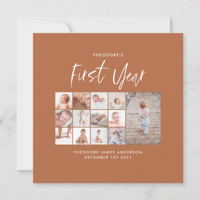 Babies first year photo collage script terracotta (Front)