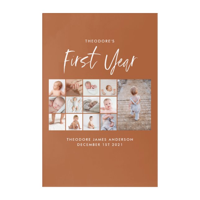 Babies first year photo collage script terracotta acrylic print (Front)