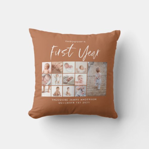 Babies first year photo collage script terracotta throw pillow