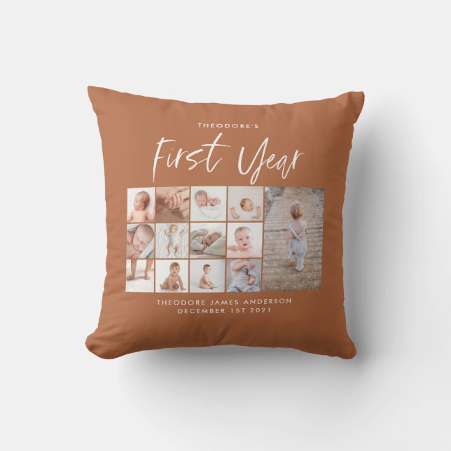 Babies first year photo collage script terracotta throw pillow (Front)