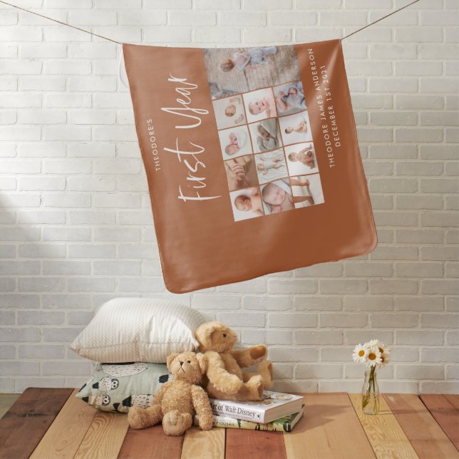 Babies first year photo collage script terracotte baby blanket (In Situ)
