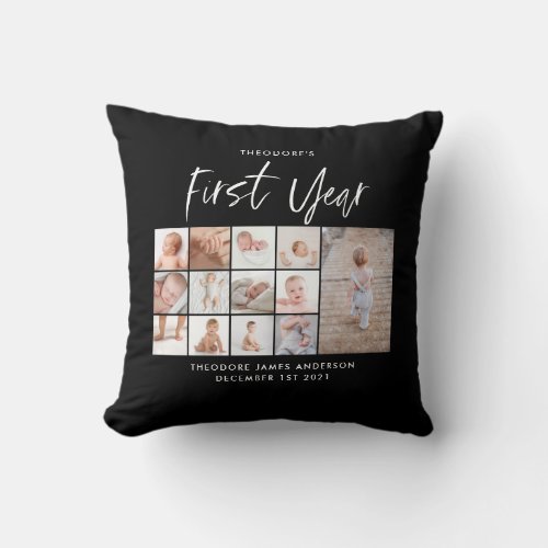 Babies first year photo collage script  throw pillow