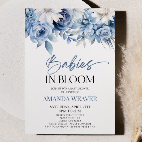 Babies In Bloom Blue Floral Multiples Baby Shower Invitation