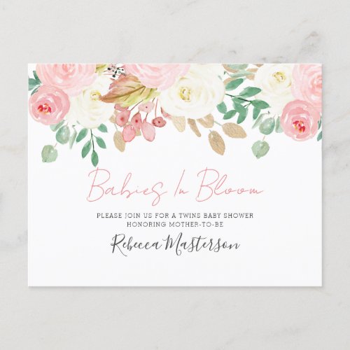Babies In Bloom Blush Pink Floral Twin Baby Shower Invitation Postcard