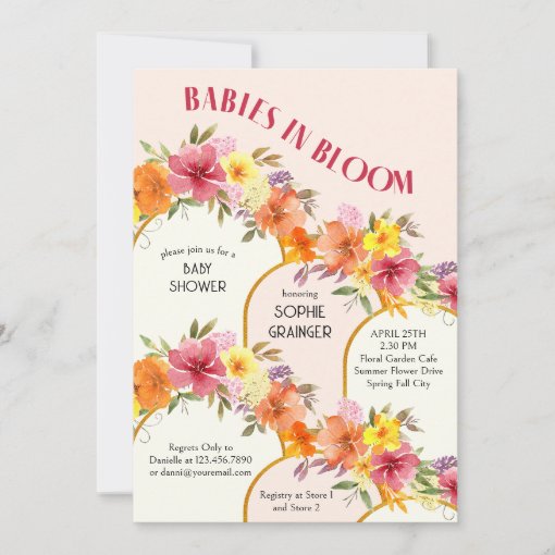 Babies In Bloom Floral Gold Arch Twins Baby Shower Invitation 