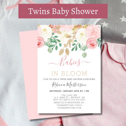 Babies In Bloom Pink Floral Twin Girls Baby Shower Invitation